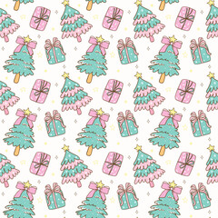 Cute Pink and Mint Green Coquette Christmas Tree seamless pattern hand drawn isolated on background