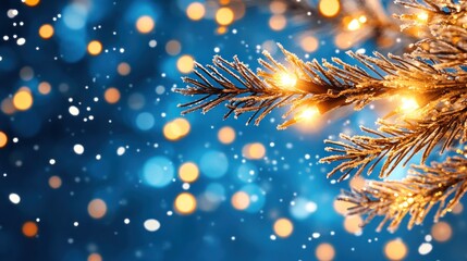 Fototapeta premium Serene Holiday Atmosphere: Frosted Pine Branches & Glowing Lights Against Dreamy Winter Background with Falling Snow