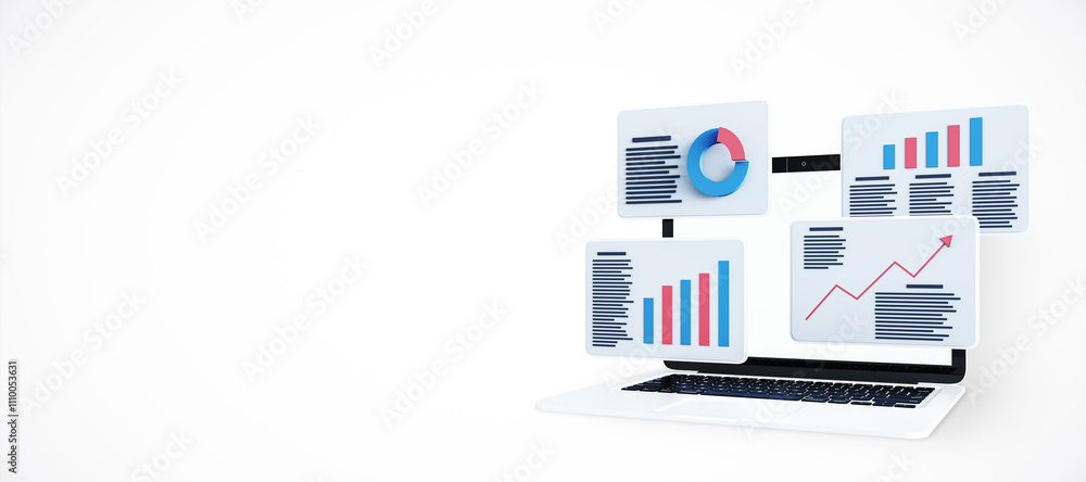Poster Floating data charts and graphs displayed above a laptop on white background. 3D Rendering