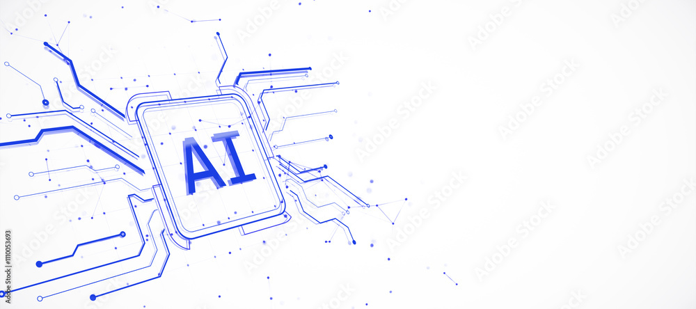 Poster Abstract illustration of AI chip with circuit design on white background. 3D Rendering