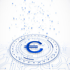 Digital euro symbol surrounded by binary code and circular patterns on a white background. Concept of digital currency and technology. 3D Rendering