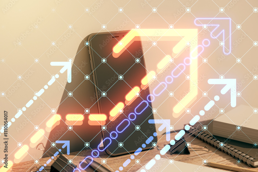 Poster digital arrows overlaying a phone and office desk items.
