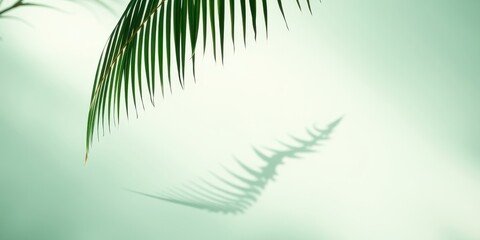 A single palm frond casts a delicate shadow on a light green background, evoking a sense of tranquility and tropical serenity.