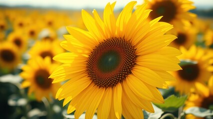 Obraz premium A Single Sunflower Stands Out in a Field of Golden Blooms, Its Center a Spiraling Mosaic of Brown and Blue
