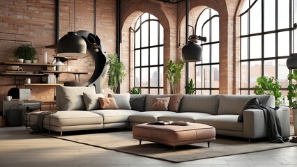 Loft living room interior, industrial design, 3D illustration