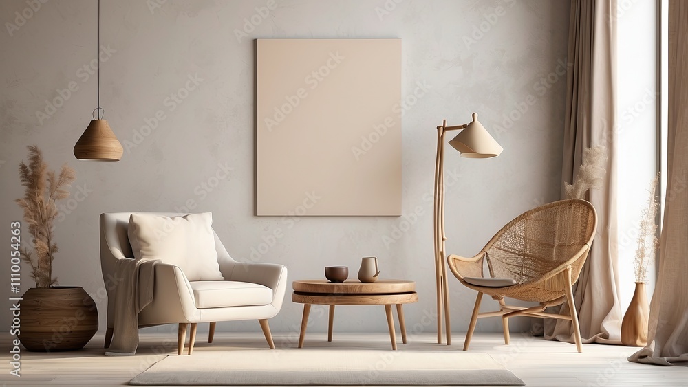 Poster canvas mockup with rustic décor and an armchair in a minimalist home setting.frontal view. 3d illust