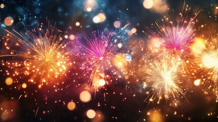 Vibrant Fireworks Display with Bokeh Lights in Night Sky