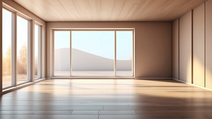 An illustration of an empty room with a side window and a wooden floor. bare interior devoid of furniture and furnishings. The floor receives sunlight from the window. Three-dimensional