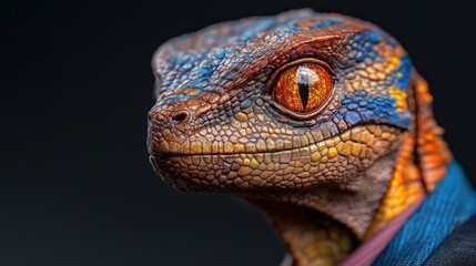 Formal Lizard: Close-up portrait of vibrant orange and blue scaled humanoid in a suit