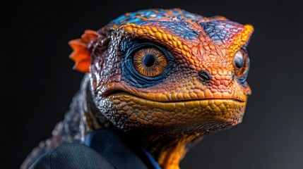 Formal Lizard: Close-up portrait of vibrant orange and blue scaled humanoid in a suit