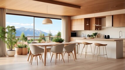 On a sunny day, the elegant, roomy kitchen and living room with refrigerator and washing machine overlooks the open balcony and a comfortable dining space with a wooden ceiling. Modern design concept-
