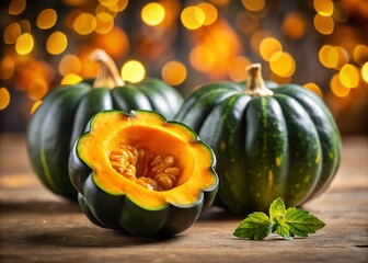 Acorn Squash Halves Bokeh Background, Food Photography, Raw Squash