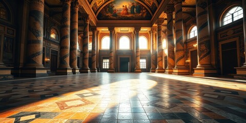 Obraz premium A sunbeam illuminates the polished tile floor of a grand hall with intricately patterned columns and a vaulted ceiling adorned with a fresco depicting a biblical scene.