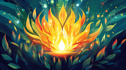 The burning bush and divine lights. Sacred. Illustration