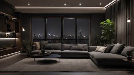  The apartment's contemporary living room has a dark gray atmosphere at