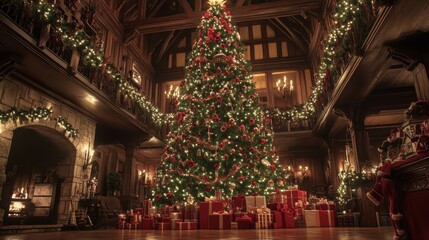 Fototapeta premium Festive House with High Ceiling and Christmas Tree