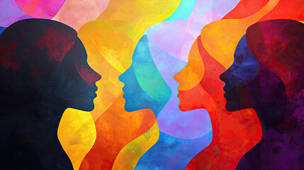 Multicultural Women Silhouette Profiles with Vibrant Flowing Connections