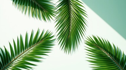 Obraz premium Tropical Palm Fronds Arranged on a Light Green Background with Shadows
