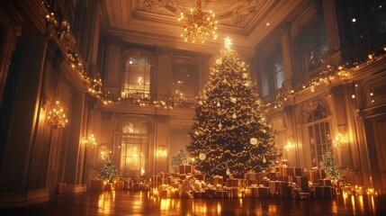 Elegant High Ceiling Room Decorated for the Holidays