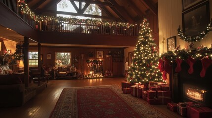 Festive Living Room with High Ceiling and Christmas Decor