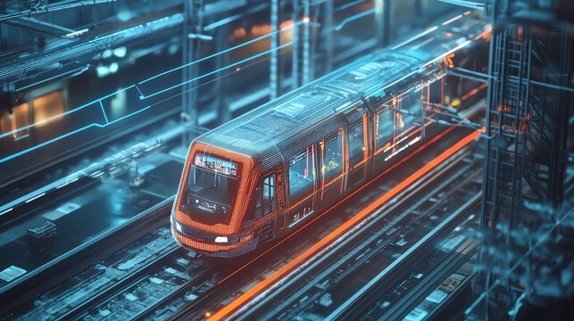 Futuristic train in a digital city environment, illuminated tracks.