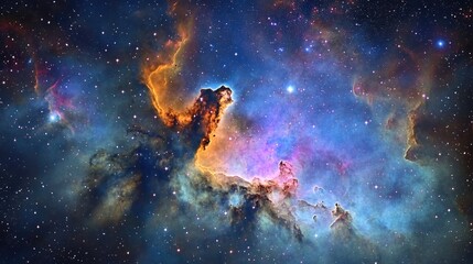 Fototapeta premium Vibrant Nebula in Space with Stars and Galaxies Visible Through Swirling Gas and Dust Clouds, Deep Blues to Purples and Pinks, Otherworldly Atmosphere, Distant Illuminated Galaxy