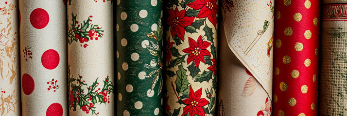 Close up of vintage Christmas wrapping paper rolls with polka dots and poinsettias designs, generative AI