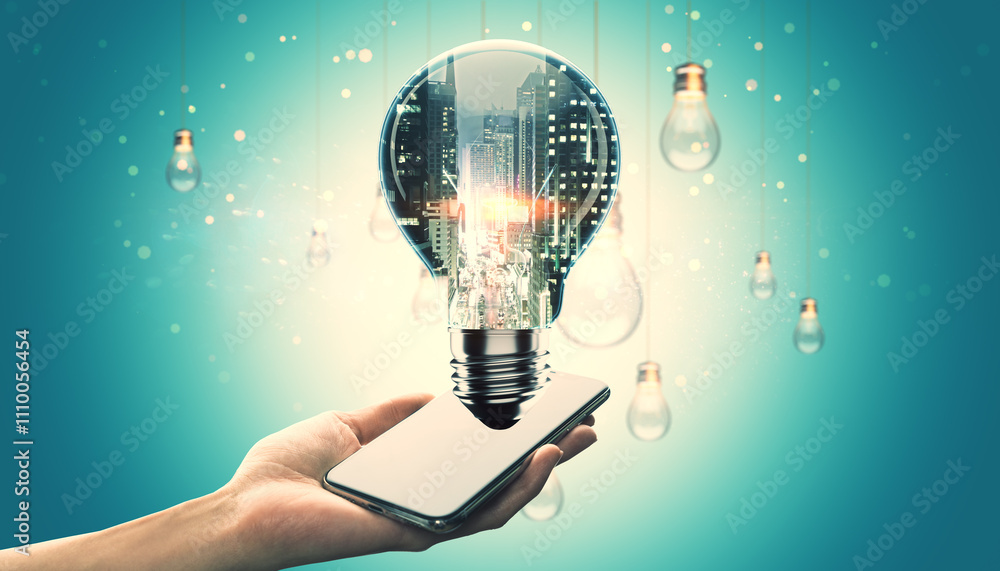 Poster creative concept of innovation with a lightbulb and smartphone on abstract background.