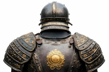 A detailed view of ornate medieval armor from the back, showcasing craftsmanship and design.
