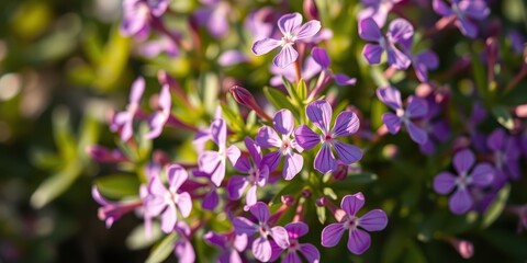 A vibrant display of delicate purple flowers, their petals soft and velvety, radiating a subtle glow in the warm sunlight.