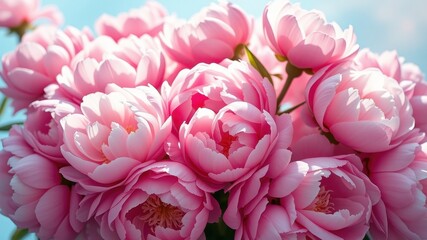 A delicate cluster of soft pink blossoms, their petals unfurling with a gentle grace, bathed in the warm glow of sunlight, creating a vibrant and ethereal display of natural beauty.