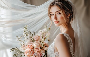 Naklejka premium A beautiful bride in her wedding dress, holding the veil over one shoulder and a bouquet of flowers