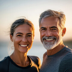 Middle aged Caucasian ouple during jogging workout on the beach. Jogging workout