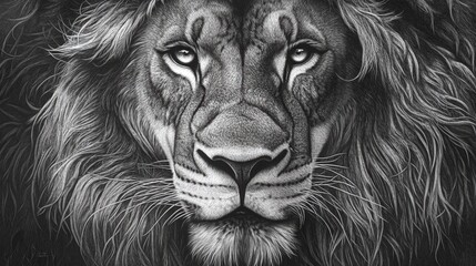 Fototapeta premium Majestic lion portrait, monochrome, intense gaze, detailed mane.
