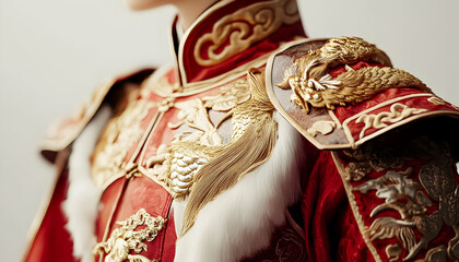 A close-up of ornate red and gold ceremonial attire featuring intricate designs and embellishments.