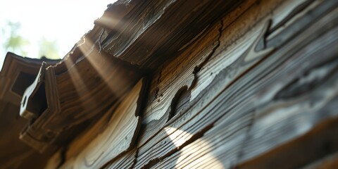 Sunlight through the cracks in an old wooden roof, revealing the aged beauty of time and weathering