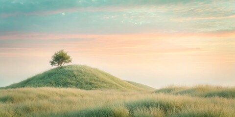 Fototapeta premium Serene Pastoral Scene Lone Tree on Rolling Hills at Sunset