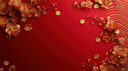 Red background, golden decoration and Chinese New Year elements on the right side of red paper with floral pattern