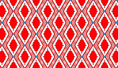 Repeating Red Teardrop and Blue Diamond Geometric Pattern