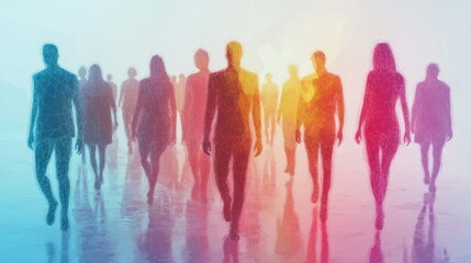 Obraz premium Abstract Representation of Diverse Silhouettes Walking Towards Light in a Colorful Gradient Background, Symbolizing Unity and Progress