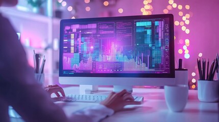 Vibrant Data Analysis with Futuristic Software on Desktop Monitor in Modern Workspace Surrounded by Ambient Lights and Greenery