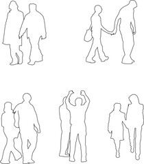 vector sketch, silhouette illustration, design of a collection of pairs of human groups with all their activities to complete the graphic image