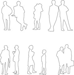 vector sketch, silhouette illustration, design of a collection of pairs of human groups with all their activities to complete the graphic image
