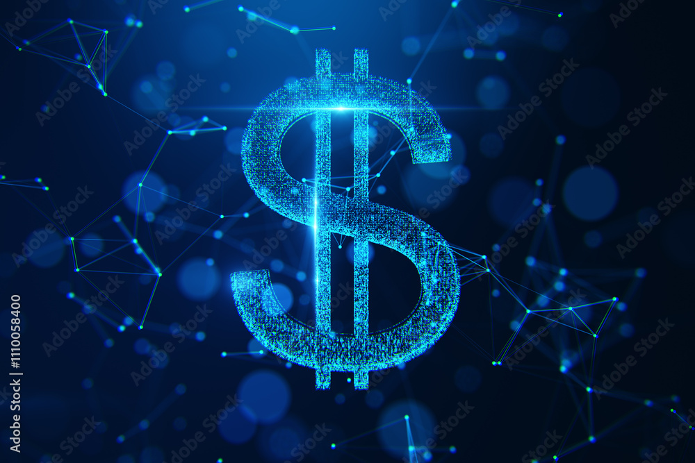 Aufkleber glowing dollar sign in digital style with blue neon dots and interconnected lines on a dark backgrou