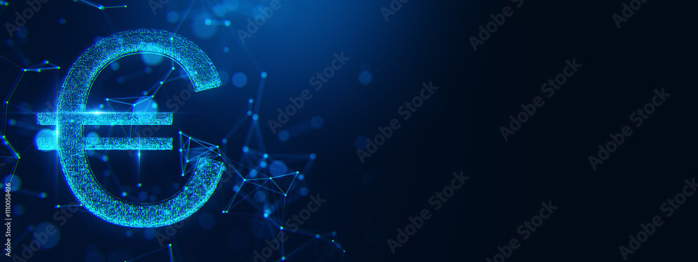 Poster Digital euro currency symbol composed of glowing dots and wireframe connections on a dark blue background. 3D Rendering