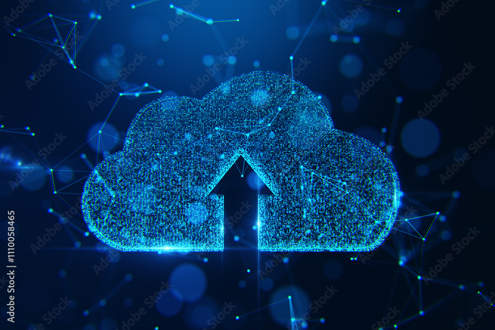 Aufkleber Cloud upload symbol with glowing dots and arrow on dark blue background. Abstract concept of virtual network, data storage and technology. 3D Rendering