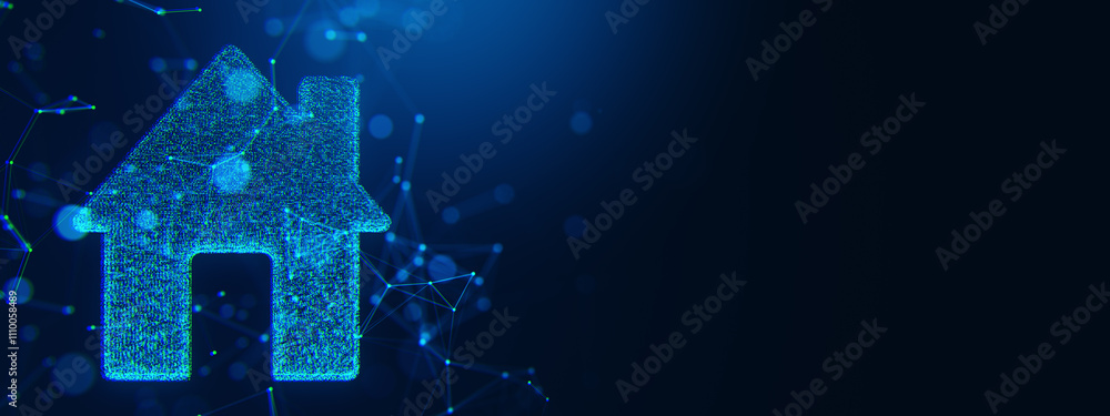 Aufkleber Digital glowing house icon with connected dots on a dark blue backdrop representing smart home technology and IoT concept. 3D Rendering