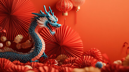 Obraz premium green snake, red background, lanterns and flowers, Chinese new year concept