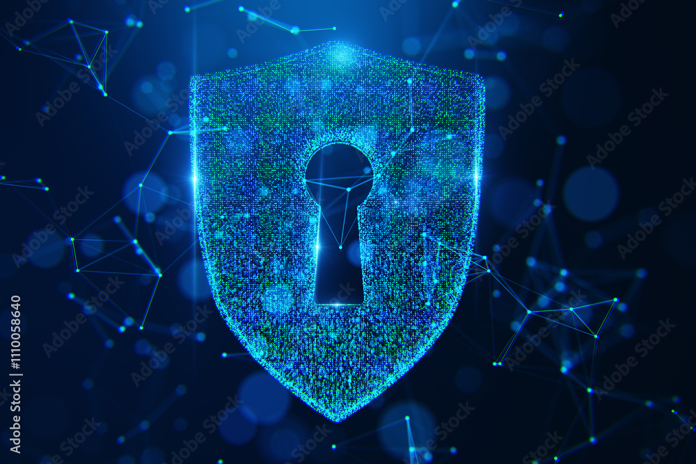 Poster Digital shield with keyhole surrounded by glowing blue connections on a dark background, symbolizing cybersecurity and protection. 3D Rendering