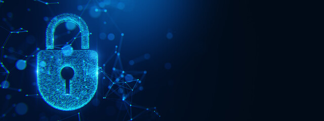 Neon glowing lock symbol with polygonal wireframe connections on deep blue background. Cybersecurity and digital protection concept. 3D Rendering © Who is Danny